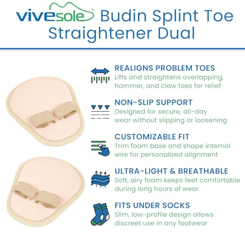 Image of VIVEsole Budin Splint Toe Straightener (Pair) - Hammer Toe Corrector for Women, Men - Crooked Toe, Joint Realign Cushion Brace for Claw, Curled Toes - Metatarsal Support Loop Guard Alignment Wrap