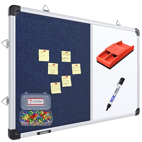 Image of GOSHU Combination 2 feet x3 feet Non Magnetic White Board with Blue Pin-up Notice Board Includes 1 Duster, 1 Marker and 50 Push up pins for Home, Office & School (Blue, 2x3 feet, Pack of 4 Items)