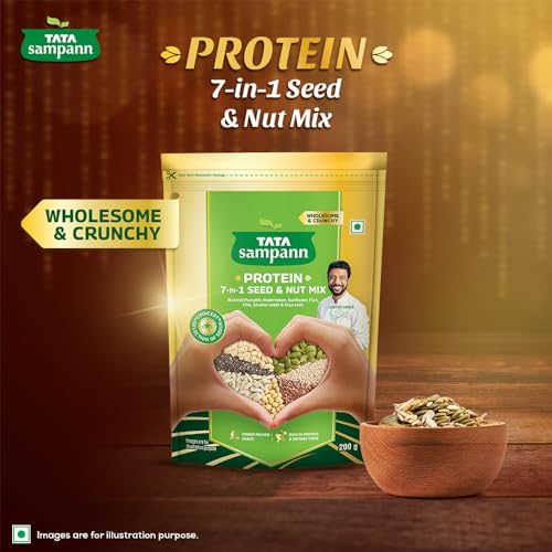 Image of Tata Sampann Protein 7-in-1 Seed & Nut Mix | Contains Roasted Pumpkin, Watermelon, Sunflower, Flax, Chia, Sesame Seeds & Soya nuts | Rich in Protein, Magnesium, Phosphorous & Dietary Fibre | 200g