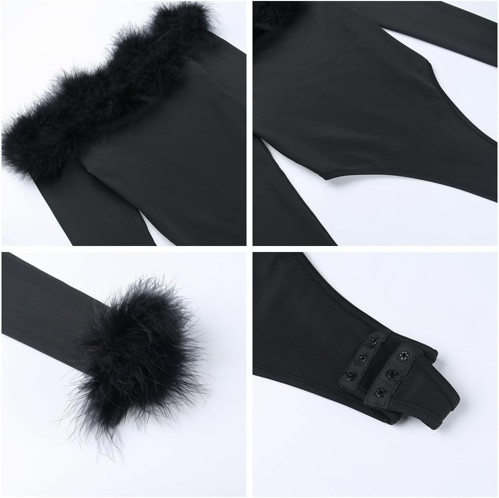 THLAI Sexy Jumpsuits for Women Fuzzy Fur Off Shoulder Long Sleeve Bodysuit Top Romper Club Night Out One Piece Outfits