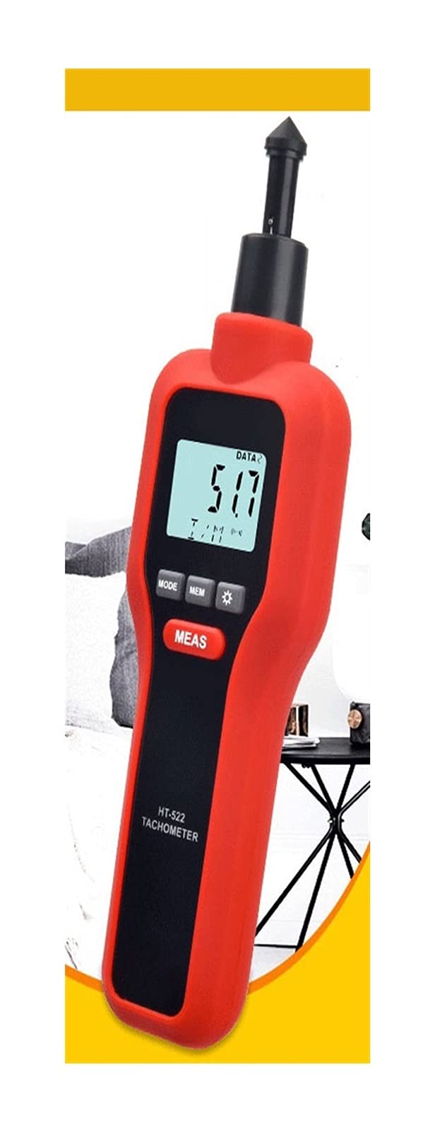 Contacto Tacómetro, medidor de Mano con apuntar con láser, tacómetro de Contacto, precisión de la medición 50mm-600mm, Utilizada en Industrias de fabricación, como Motores de Ventilador eléctrico.
