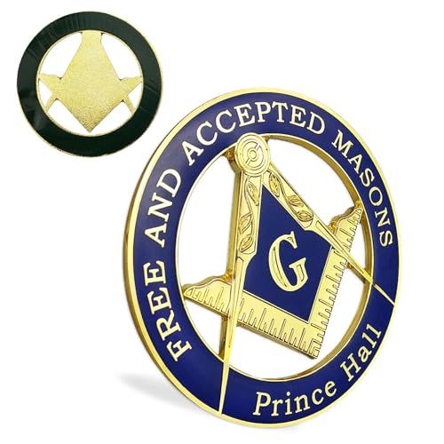 ASmileIndeep Masonic Prince Hall Car Emblem Round Blue & Gold Freemason Metal Car Auto Decal