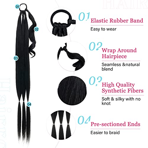 Hairro Braided Ponytail Extension For Women Straight Wrap Around Pony Tail Hair Extensions With Elastic Rubber Band Synthetic Long Diy Braid Ponytails Hairpiece 34 Inch #1B Natural Black #TOP3