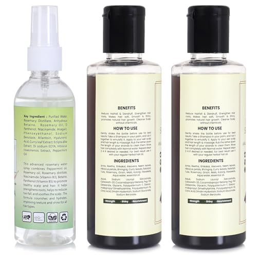 Image of Nature's Herbs Herbal Shampoo & Rosemary Water Combo | Amla Reetha Shikakai Hair Fall Control Shampoo with Rosemary Hair Spray for Hair Growth Scalp Care | Herbal Hair Strengthening Trio | Men Women | 2 x 200 ml + 100 ml