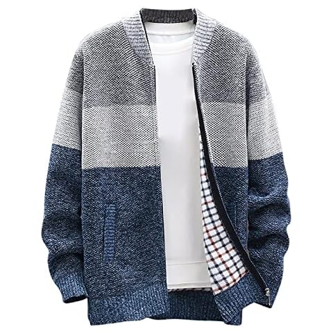 Mens Sweater Jackets Casual Stand Collar Knitted Sweater Cardigan Lightweight Fleece Lined Full Zip Knitwear Coat Cover