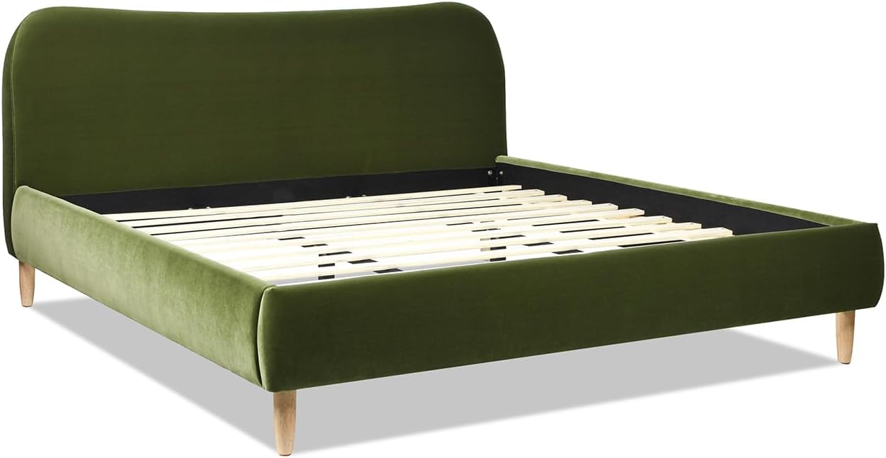 დახრილი view of the upholstered platform bed frame with wooden slats installed, showing the full slat system.