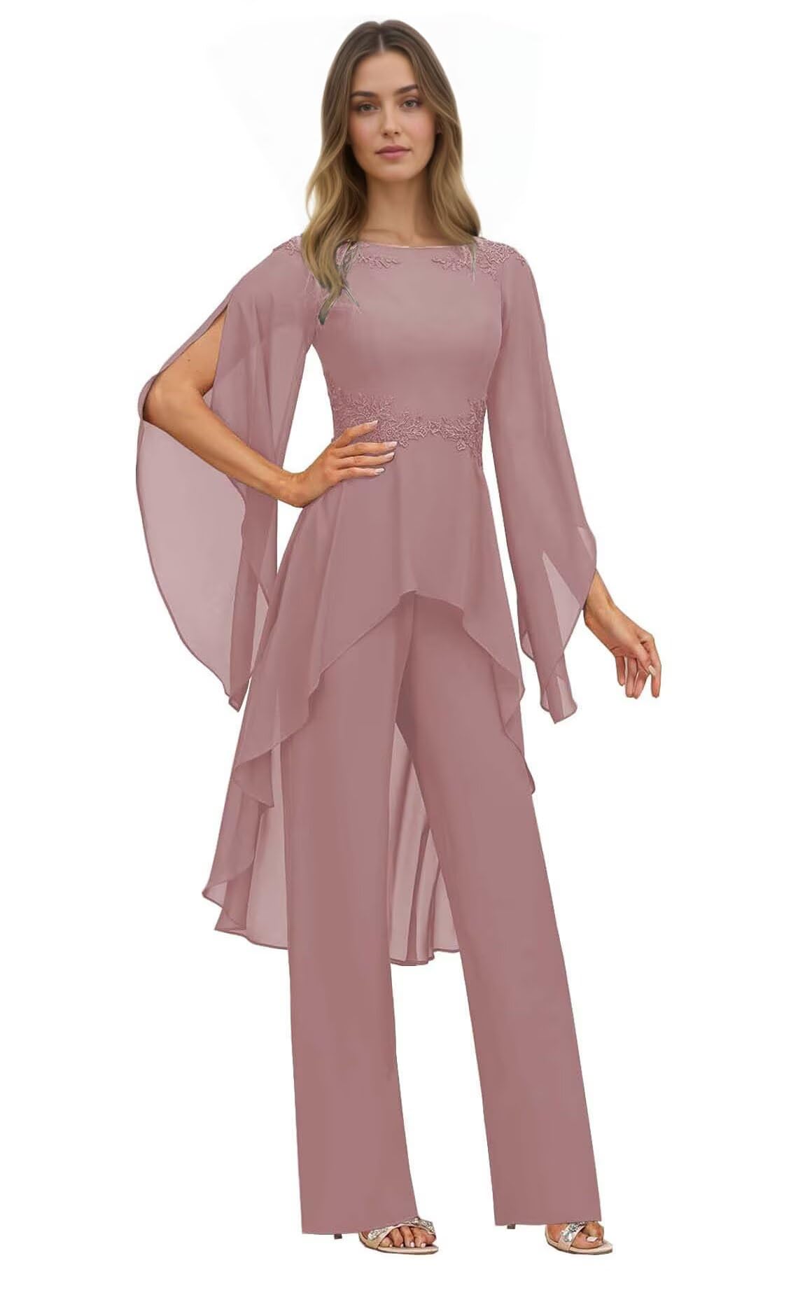 2-Piece Mother of The Bride Pantsuit with Lace Appliques Puffy Sleeve Chiffon Formal Pant Suits for Wedding Guest