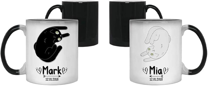 Personalised Couple Cat Themed Wedding Anniversary, Valentine s Day, Present Ceramic Couple Mug Set. 11 Oz Magic Mug