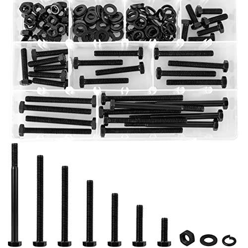 CYLBAQ 128 tornillos hexagonales M6 DIN 933, acero al carbono, tornillos con anillos de resorte, tuercas, arandelas, tornillos roscados, juego de tornillos, color negro Cover