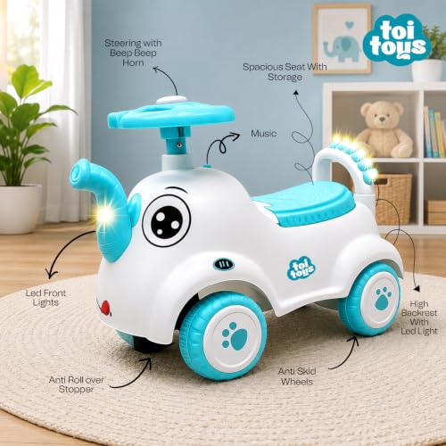 Image of ToiToys Elephant Ride On Toy for Toddlers 1 + Years Blue Push Car with Music and Lights Foot to Floor Vehicle PP Plastic