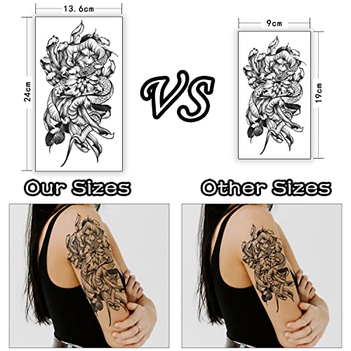 49 Sheets Half Arm Black Flowers Crown Clock Whale Lotus Collection 3D Waterproof Temporary Fake Tattoos Stickers For Women And Girls On Body Shoulder Face Leg Feet #TOP2