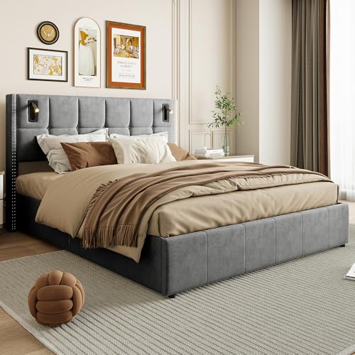 Cama Canapé Abatible 160x200 cm de Terciopelo Gris, Cama Doble con Almacenaje Hidráulico, Cabecero con Luces LED de Lectura Regulables, Estructura de Madera y Somier de Láminas, Gris, Sin Colchón