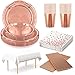 Roségold Partygeschirr Folie Pappteller Servietten Partybecher Strohhalm Tischdecke für Hochzeit Geburtstag Jubiläum Party Einweggeschirr Rosegold Geschirr Set 24 Gäste