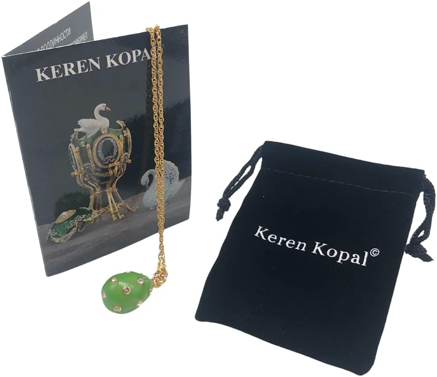 Keren Kopal Green Egg Pendant Necklace Fabrege Style Love Gift for Mother Decorated with Austrian Crystals image 2