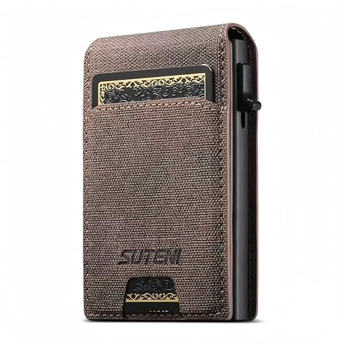 For Men Minimalist Slim Leather Mini Wallet, Credit Card Holder Case, Pop Up & ID Window, Ultra Lightweight, Magnetic Closure, RFID Blocking. Brown