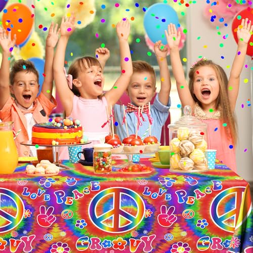 Image of Tie Dye Birthday Party Supplies, 60's Hippie Theme Tablecloth 3Pcs Groovy Hippie Table Cover Peace Love tie dye Table Cloths for Parties