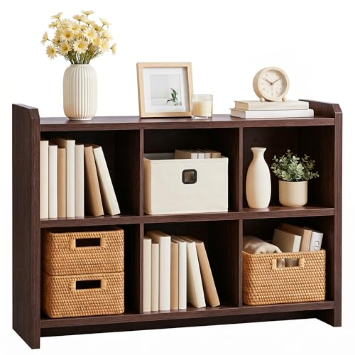 Image of 6 Cube Low Storage Organizer, 45 inch Long Horizontal Bookshelf, Dark Walnut