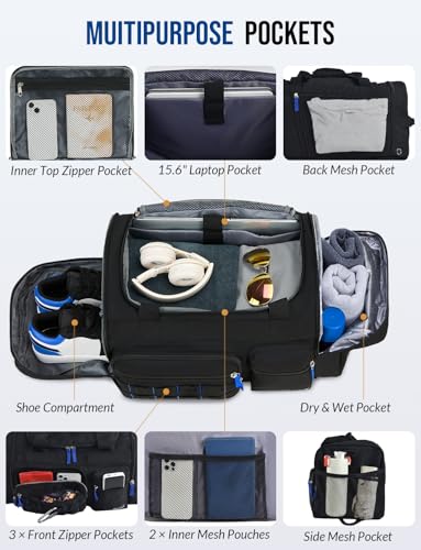 Gym Bag for Men Women with Shoes Compartment 3-in-1 Sports Travel Duffel Bag Multipurpose Weekender Overnight Backpack with Wet Pocket - Black - Image 4