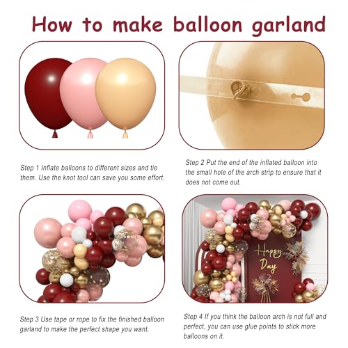 Ouddy Party Burgundy Pink Balloons Garland Arch Kit Maroon Rose Gold Champagne Gold Confetti Metallic Balloons for Women Birthday Bridal Baby Shower Wedding Wine Party Decorations with 4 Tools