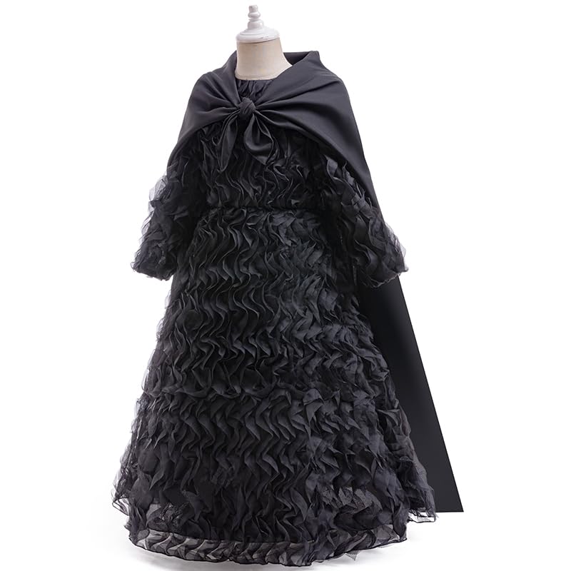 Halloween Girls Classic Witch Black Ruffled Dress with Pointed Hat Cape Glasses Green Gloves Stockings for Kids3