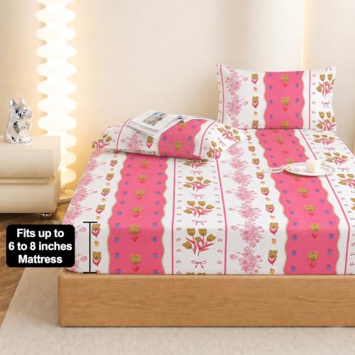 Image of IVAZA Ezyption Cotton Super Soft 240 TC Elastic Fitted All Around Elastic Printed King Size Double Bed Bedsheet with 2 Pillow Cover 72 inch X 78 inch3 Pink Flower