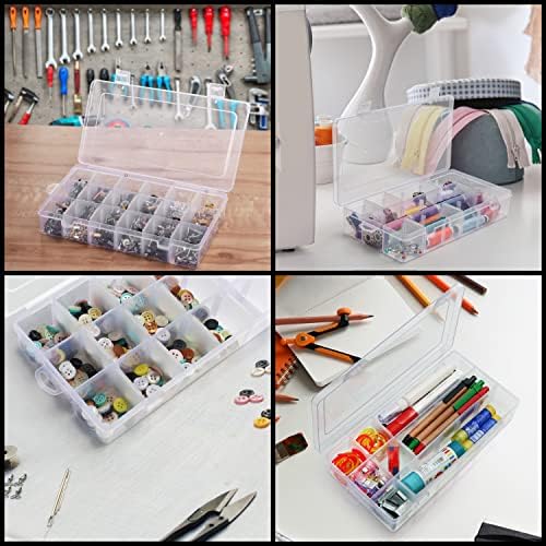 BELLE VOUS Clear Plastic Storage Box Organiser (4 Pack) - Large Box Containers with 18 Adjustable/Removable Grid Dividers - Compartments for Jewellery, Screws, Beads & Small Craft Items