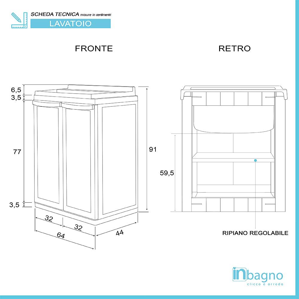 Mobile lavatoio salvaspazio 64x45, 2 Ante con ripiano interno, COMPLETO di tavoletta e kit scarico
