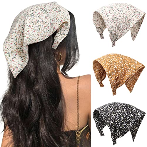 Haimeikang Floral Hair Scarf Headbands For Women Boho Hair Bandanas Scarf For Women Triangle Head Kerchief Solid Color Hair Bands Vintage Head Scarf (Beige+Yellow+Black) #TOP8