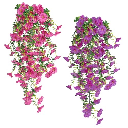 YYTECH 2 Stück Kunstblume Hängend Petunien Seidenblumen, Künstliche Hängepflanzen Eukalyptus wie echt, Kunstpflanzen Wetterfest Kunstblumen Balkon Hängepflanzen Plastik Hängepflanze Künstlich Blumen