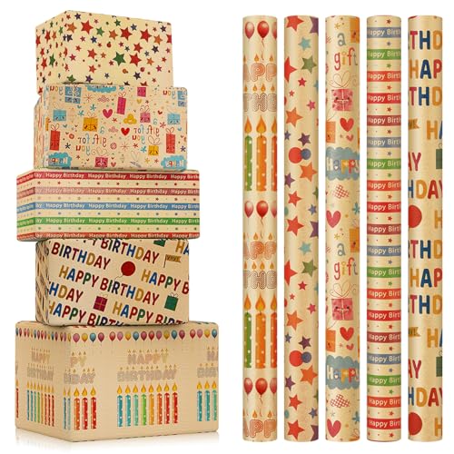 CHEPULA Carta da regalo di compleanno per bambini, 5 rotoli, 43 cm x 300 cm, rotolo di carta da regalo per ragazzi, carta kraft marrone, carta kraft riciclabile, regalo di compleanno, per tutte le