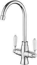 Heable Kitchen Sink Mixer Tap Elegant White Ceramic Dual Lever Monobloc Swivel Spout Chrome Kitchen Taps with UK Standard Fittings
