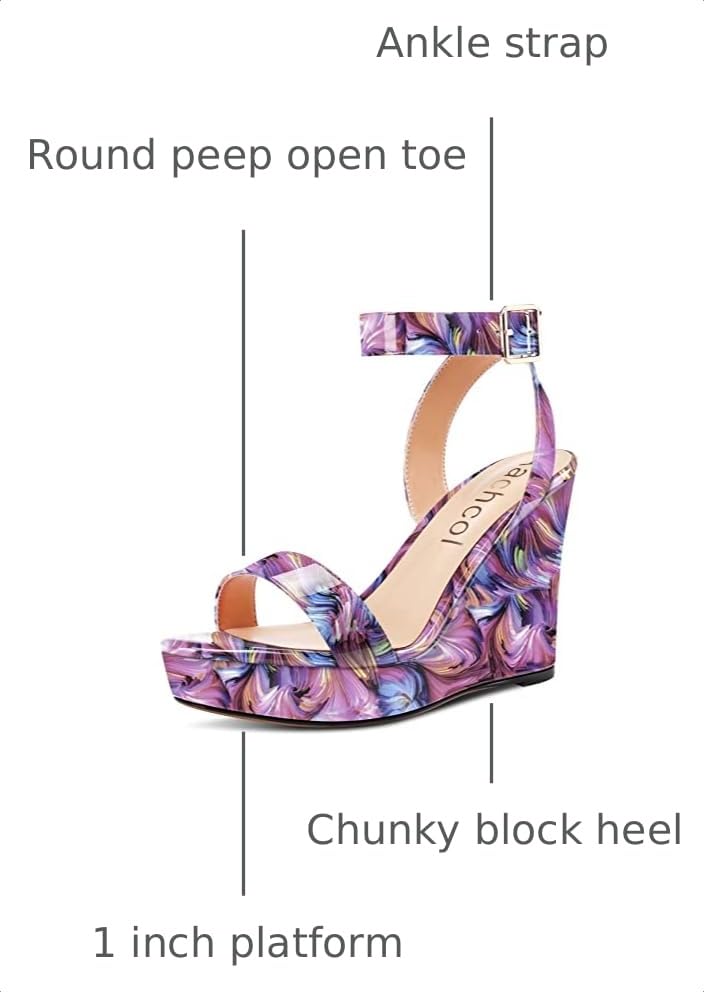 Image of Aachcol Women Platform Wedge Sandals Round Peep Open Toe Ankle Strap Slingback Two-Piece Chunky Block High Heel Dress Shoes Pumps Party Patent 4 Inch