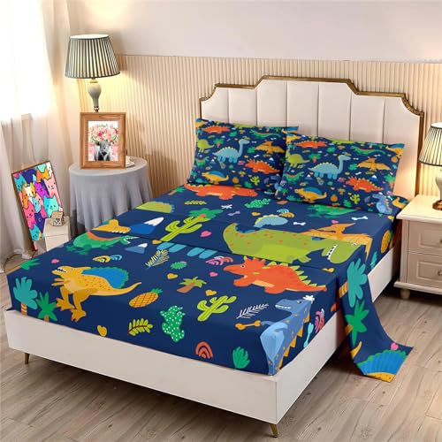 Dinosaur Twin Bedding Set - 3Pcs Boys Bedroom Set with 1 Fitted Sheet, 1 Flat Sheet & 1 Pillowcase in Blue Cartoon Dinosaur Pattern