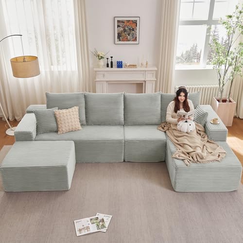 Image of Lakifun 135 inch U-Shape Cloud Couch, Modern Modular Sectional Comfy L-Shape Sofa with Ottoman, Deep Seat, Upholstered Corduroy Sleeper Chaise Longue for Living Room Bedroom, No Assembly Required, Grey