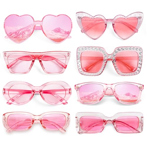 Pibupibu 8 Pack Pink/Hot Pink Sunglasses for Women, Retro Rectangle Square Cateye Oval Heart Sunglasses Party Glasses Set