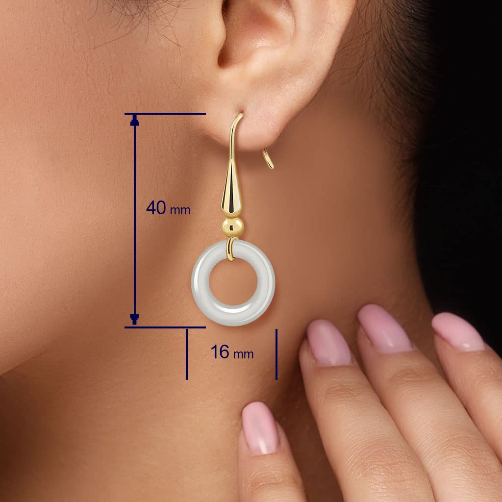 Pendientes de Aro y Piedra de Ágata para Mujer Chapados en Oro de 18K- Diseño Artesanal (Medida aprox. 4 cm de largo. Piedra de ágata blanca en forma de aro de 16 mm)