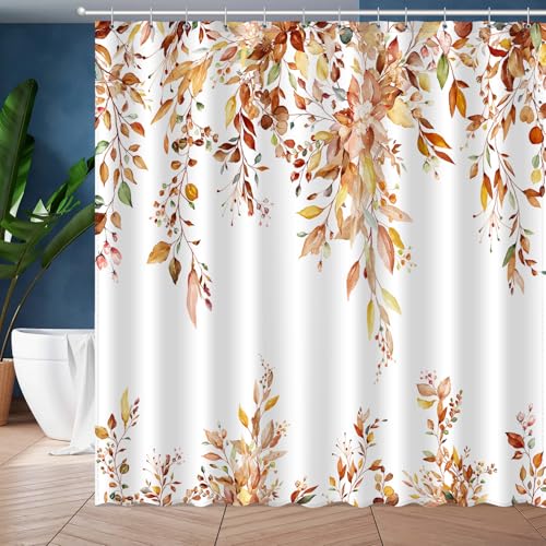 Image of Fall Eucalyptus Leaves Shower Curtain, Autumn Aesthetic Art Watercolor Plant Leaf with Floral Bathroom Decor, Waterproof Fabric Cloth Bath Curtain Set with Hooks (Brown-Orange, 72 inch W x 72 inch L)