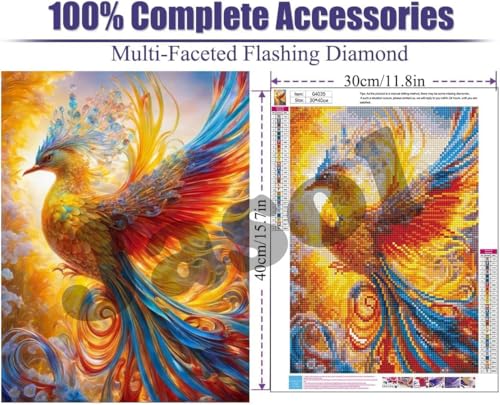 Image of Jasol Diamond Painting Kit, 40x30 Cms, Full Drill, 5D Crystals, Home Wall Decor Gift Set (Phoenix Bird M45610)