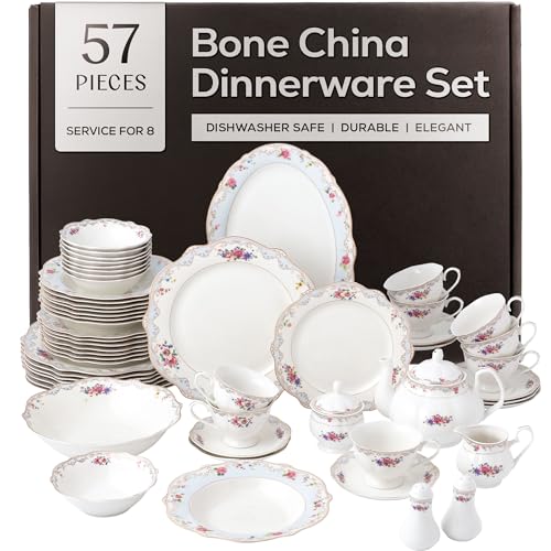 Joseph Sedgh Collection 'Romantic Bloom' 57-Piece Bone China Dinnerware Set, Service for 8, Floral with Blue and Gold Trim