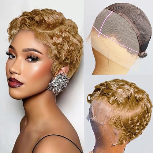 CRYSTALHAIR Honey Blonde 13X4 Lace Front Curly Pixie Cut Wig