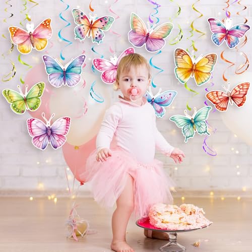 Image of 30 Pieces Butterfly Party Decorations - Watercolor Butterfly Hanging Swirls Spring Summer Theme Butterfly Decorations for Birthday Wedding Baby Shower Party Supplies
