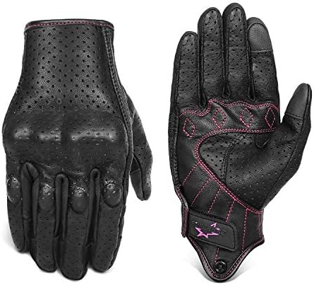Women ’s Goatskin Leather Motorcycle Gloves Touchscreen Hard Knuckle Armored Motorbike Gloves for Ladies(G01W-Black Leather with Rose Line, S)