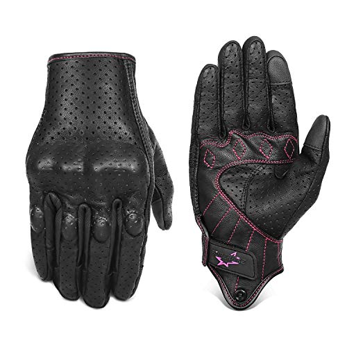 Women ’s Touchscreen Motorcycle Gloves Full Finger Black Leather Armored Ladies Motorbike Gloves (G01W-Black Leather with Rose Line, M)