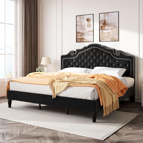 image for SHA CERLIN King Size Platfrom Bed Frame with Adjustable Headboard/Velv