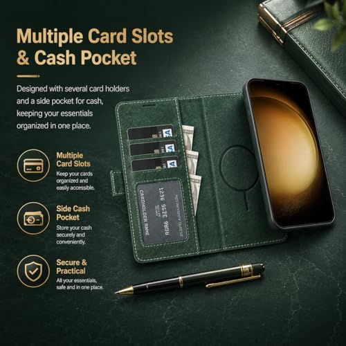 Image of FASHINA S26 Leather Flip Wallet Case with Magnetic Closure, Card Holder Slots, Shockproof Inner Cover, Premium Leather Finish for Complete 360 Protection Green