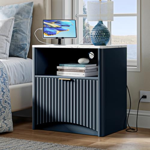 Image of Evermagin Fluted Nightstand Set of 2 with Charging Station, Navy Blue Bedside Table with Drawer and Storage, Wood End Table Mid Century Modern, Large Night Stand for Bedroom