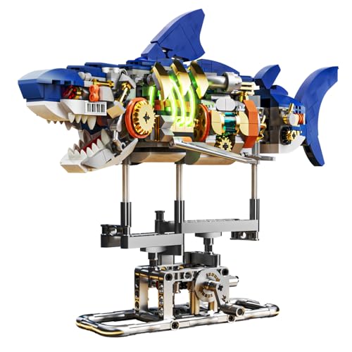 INSOON Ensemble de Construction mécanique en Forme de Requin avec lumière, 687 pièces d'animaux de l'océan Mobiles avec Support de présentation, Jouet de...