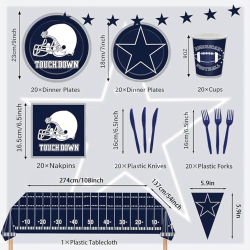 122PCS Football Party Supplies for Boys Teen Sport Themed Party Decorations American Rugby Plates Napkin Cups Tablecloth Banner Forks Knives Game Day Tableware Set for 20 Guests - Image 4