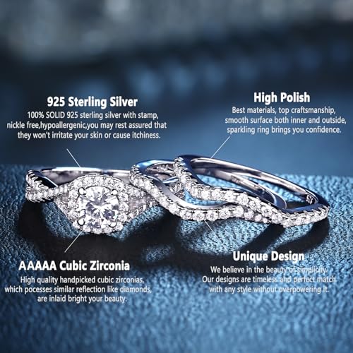 Newshe Jewellery AAAAA Cz Engagement Wedding Ring Set for Women Bridal Sets 925 Sterling Silver 3pcs Round White Size 4-134