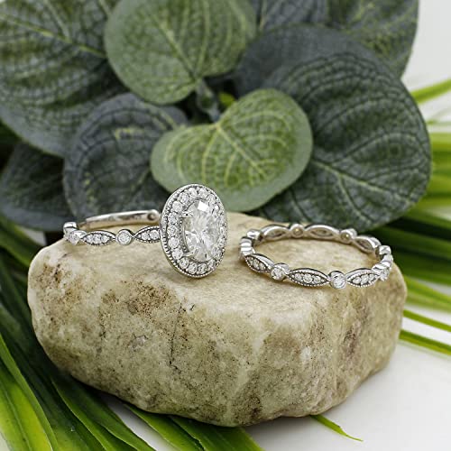 SAVEARTH DIAMONDS 2 Carat Center 6X8MM Oval & Round Cut Lab Created Moissanite Diamond Halo Vintage Style Bridal Ring Set For Women In 14K Gold Over Sterling Silver (VVS1 Clarity)2